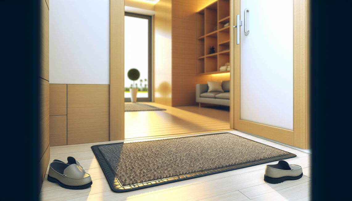 Clean home entryway with a durable rubber backed mat reducing floor dirt