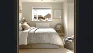 cosy bedroom with quilted bedspread and natural light in a modern family home