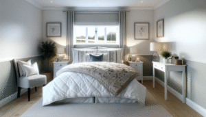 stylish bedroom showing quilt, bedspread, and duvet in natural light