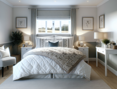 stylish bedroom showing quilt, bedspread, and duvet in natural light