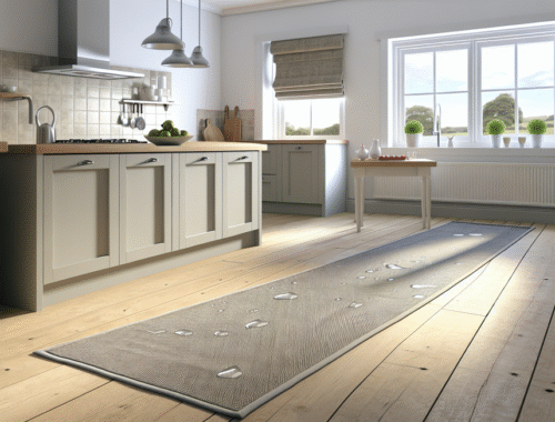modern kitchen with a waterproof runner mat near island and sink, natural light