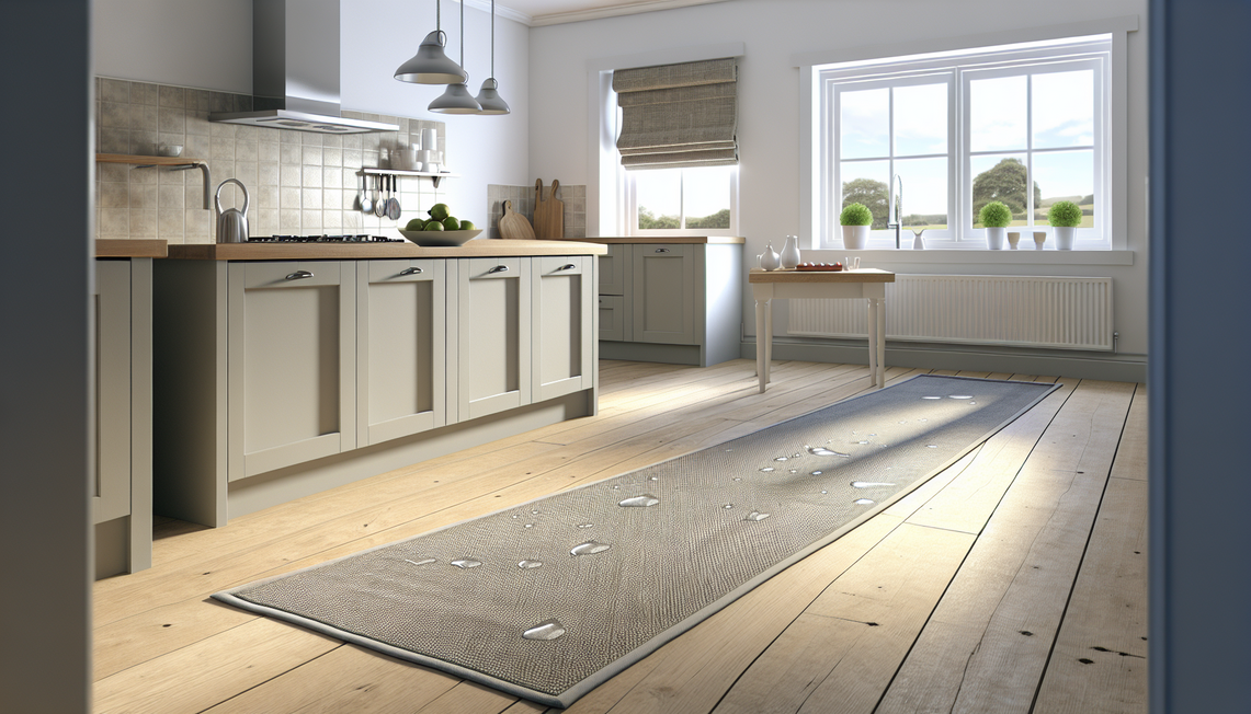 modern kitchen with a waterproof runner mat near island and sink, natural light