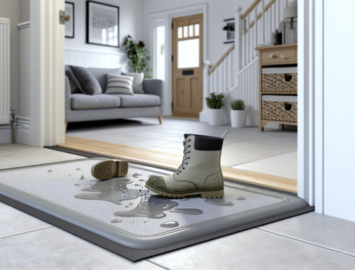 absorbent barrier mat trapping water and mud from boots at a modern uk entryway