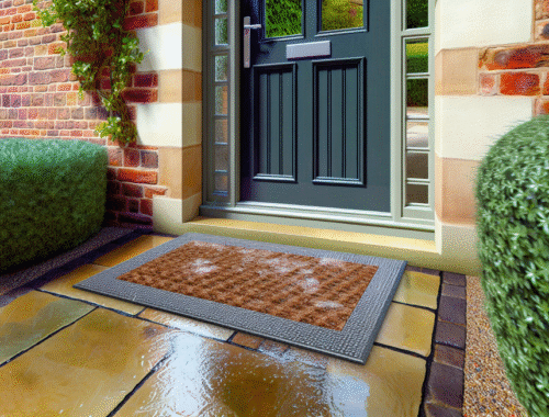 realistic doormat with wet footprints at entrance of modern uk home after rain