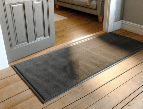uk home entryway with dark grey slip-resistant runner and visible raindrops near door
