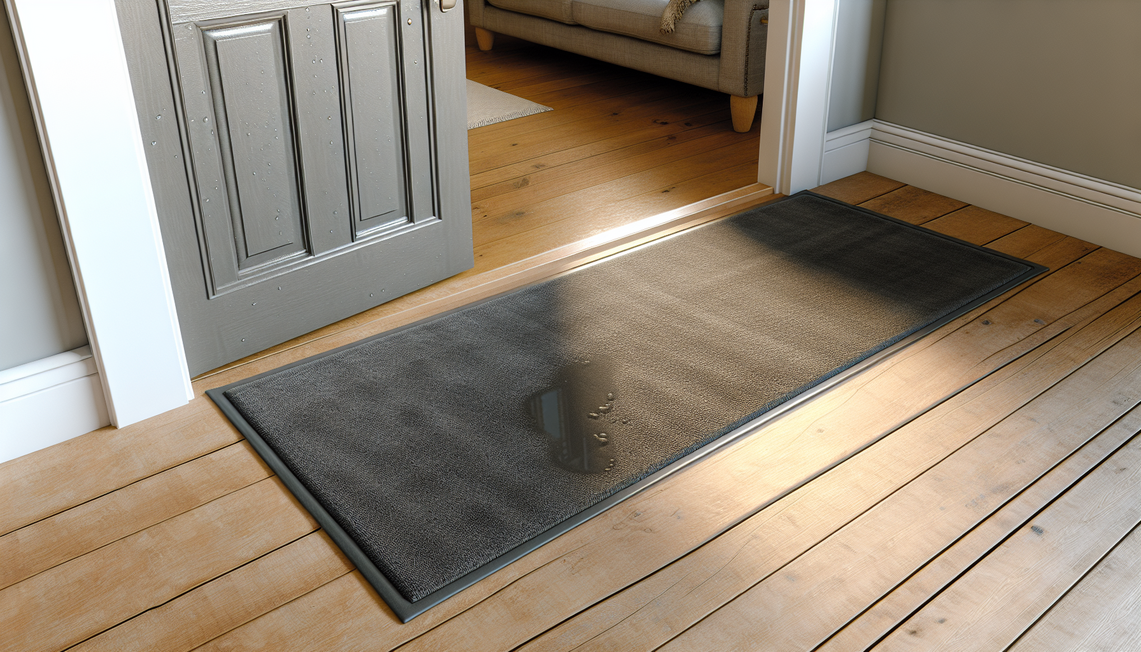 uk home entryway with dark grey slip-resistant runner and visible raindrops near door