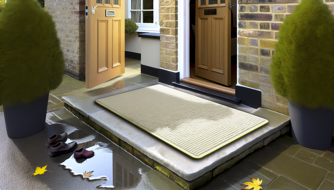 rubber back entrance mat on a wet uk front door stone doorstep trapping dirt