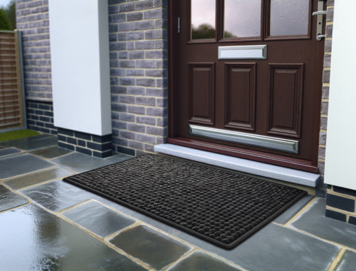 high-quality door mat trapping dirt at the entrance of a modern uk home on a rainy day