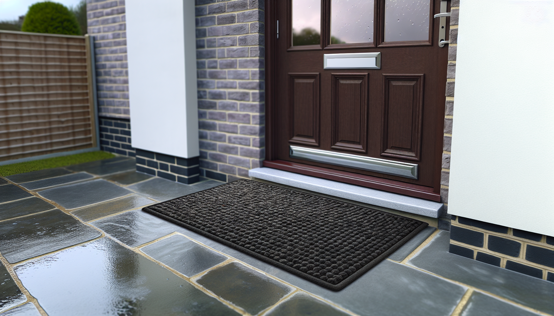 high-quality door mat trapping dirt at the entrance of a modern uk home on a rainy day