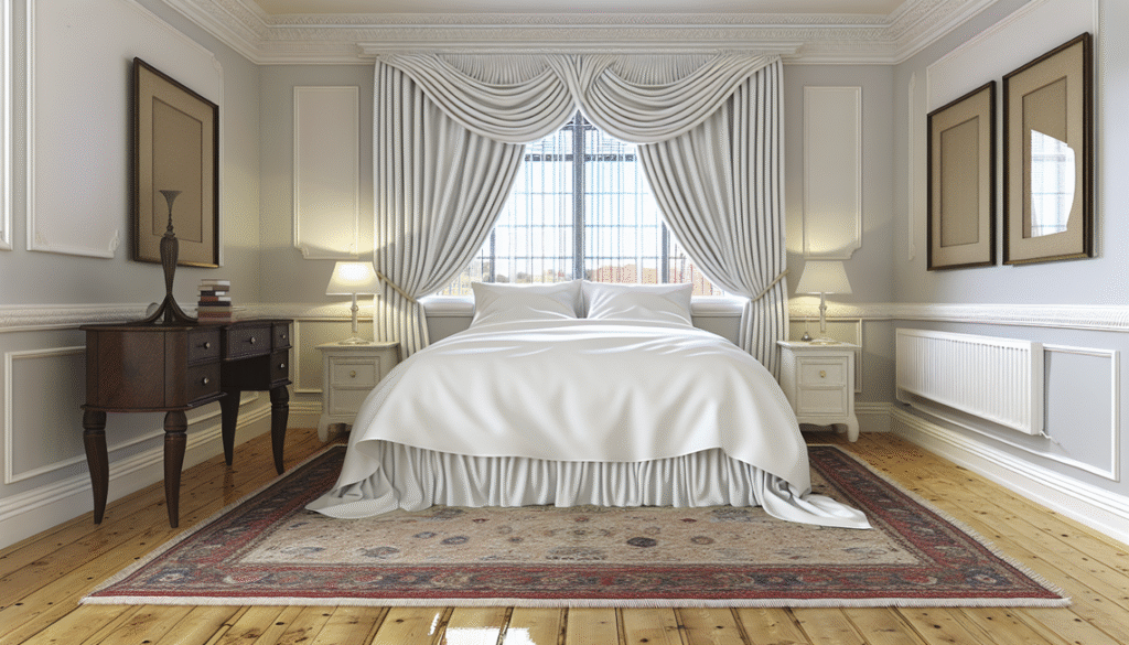 uk bedroom with bed featuring a neatly fitted white valance sheet and classic decor