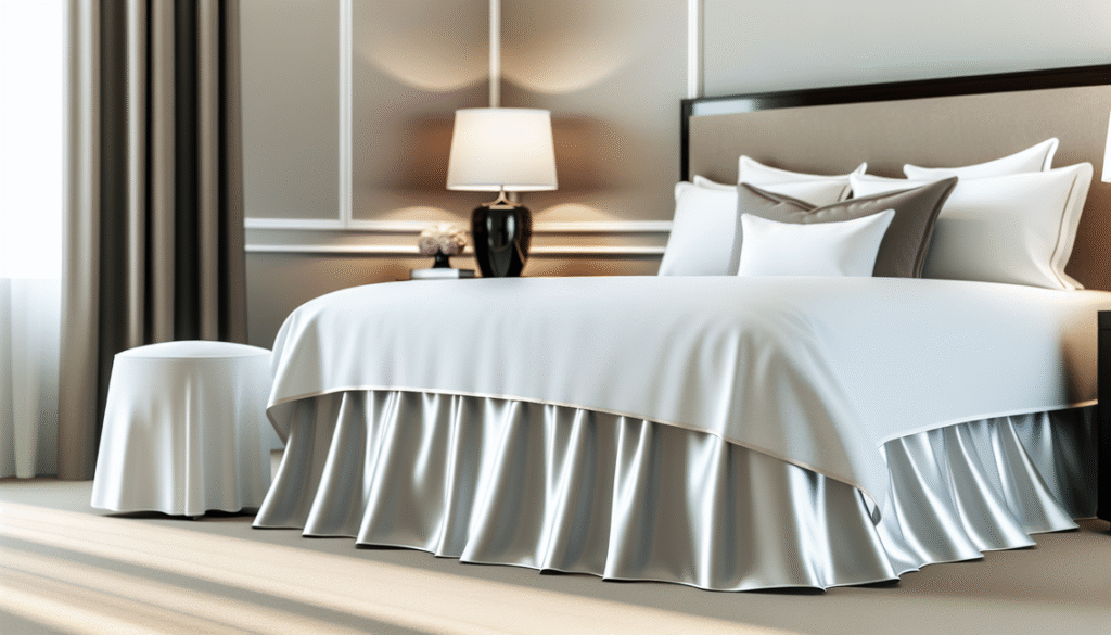 A luxurious, elegant bedroom scene in natural daylight showing a neatly made bed with a pristine white valance sheet perfectly fitted around the base of a mattress. The bed is styled with plush pillows and a high-thread-count duvet cover, evoking the polished, upscale feel of a luxury hotel room. The background features tasteful bedroom decor: soft neutral walls, a sleek bedside table with a modern lamp, and a subtle floral arrangement. The valance sheet drapes smoothly and evenly, concealing any under-bed storage, and adds a sophisticated finishing touch to the overall room ambiance. The image is shot in realistic photography style, 1000x600 pixels, landscape orientation, with soft natural lighting highlighting textures and fabric details, emphasizing the practical yet aesthetic role of the valance sheet in luxury bedroom styling.