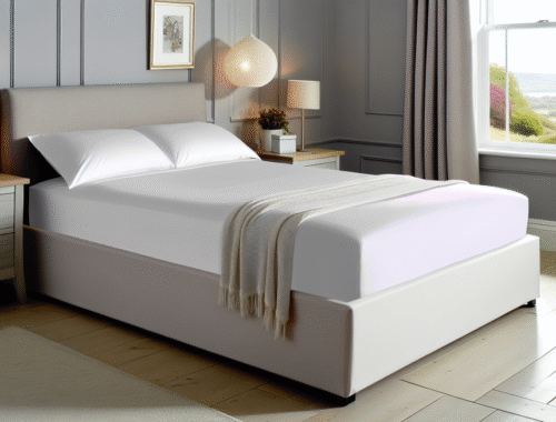 a modern uk bedroom with a neatly made bed featuring a fitted valance sheet and decorative pillow