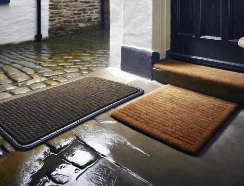 Comparison of a modern grey rubber-backed door mat and a natural coir door mat at a UK home entrance.