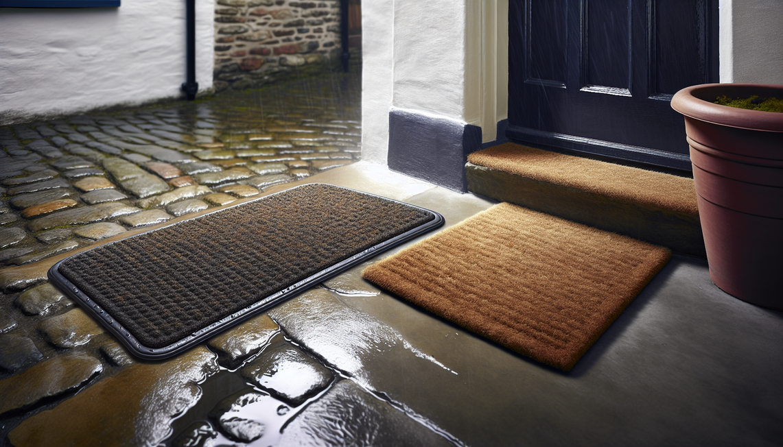 Comparison of a modern grey rubber-backed door mat and a natural coir door mat at a UK home entrance.