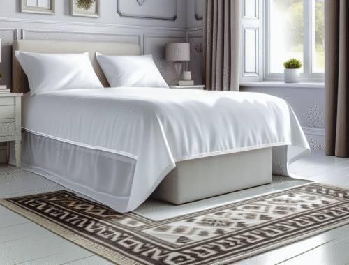 bed with fitted valance sheet hiding base and storage, modern rug visible