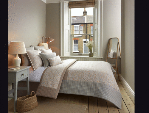 cosy UK bedroom with a soft quilt bedspread set and traditional window with brick view