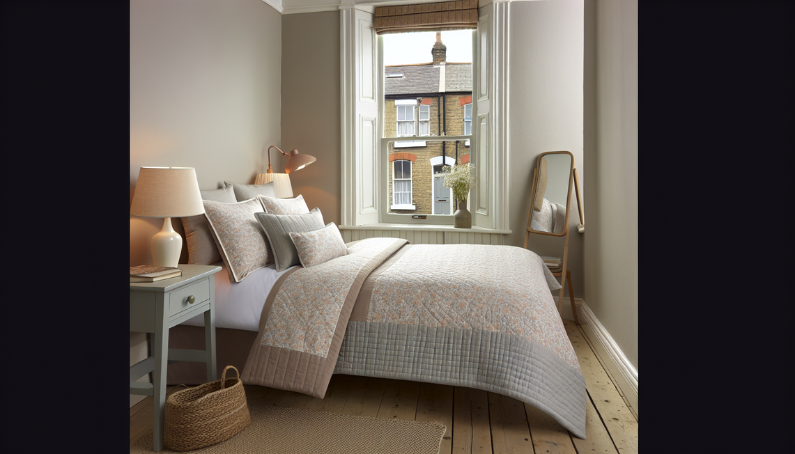 cosy UK bedroom with a soft quilt bedspread set and traditional window with brick view