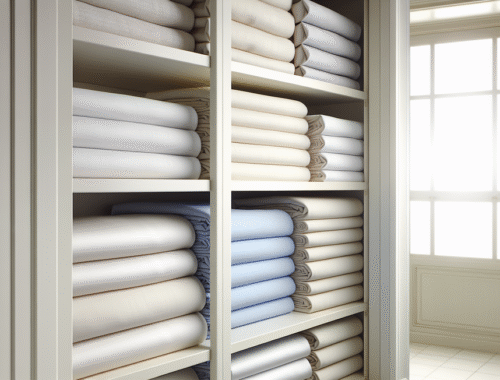 neatly folded extra deep fitted sheets in a tidy UK linen cupboard