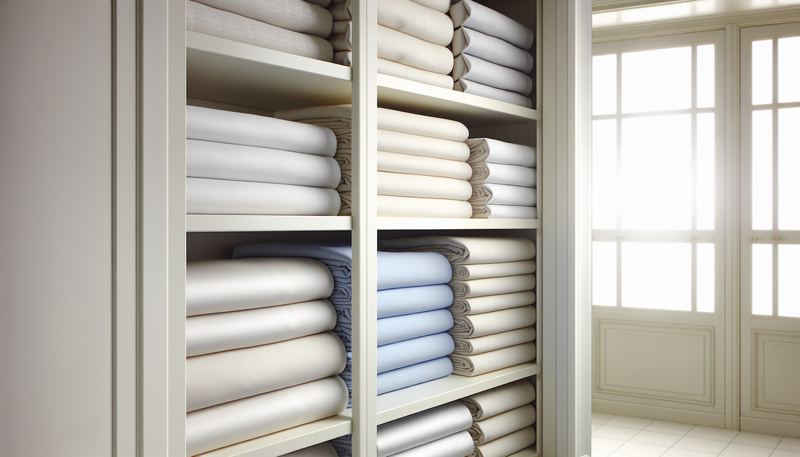 neatly folded extra deep fitted sheets in a tidy UK linen cupboard