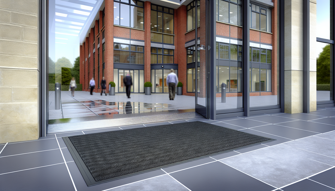 Durable rubber-backed entrance mat at a high-traffic UK entrance, showcasing its robustness and effectiveness