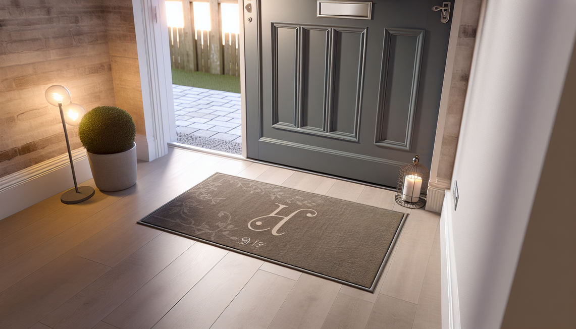 modern UK home entrance with custom misty coastal blue mat and warm lighting
