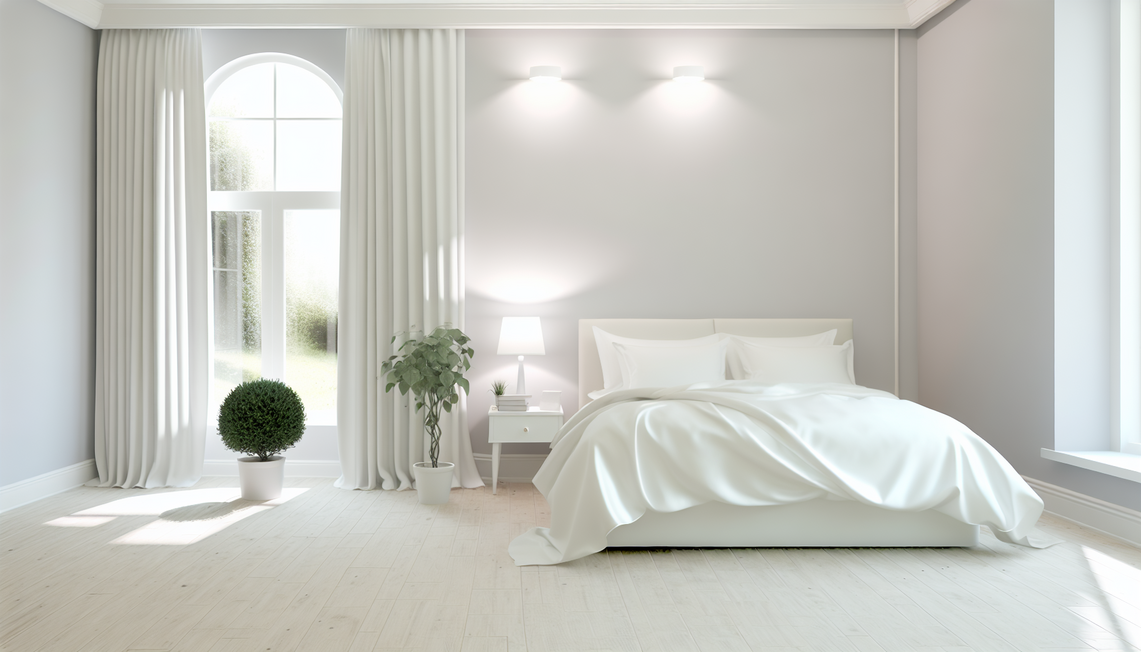 clean UK bedroom with fitted valance sheet and soft light suggesting fresh, dust-free air