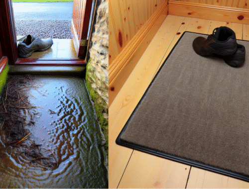 Split image of outdoor and indoor rubber-backed mats showing scraping and absorbing in UK home