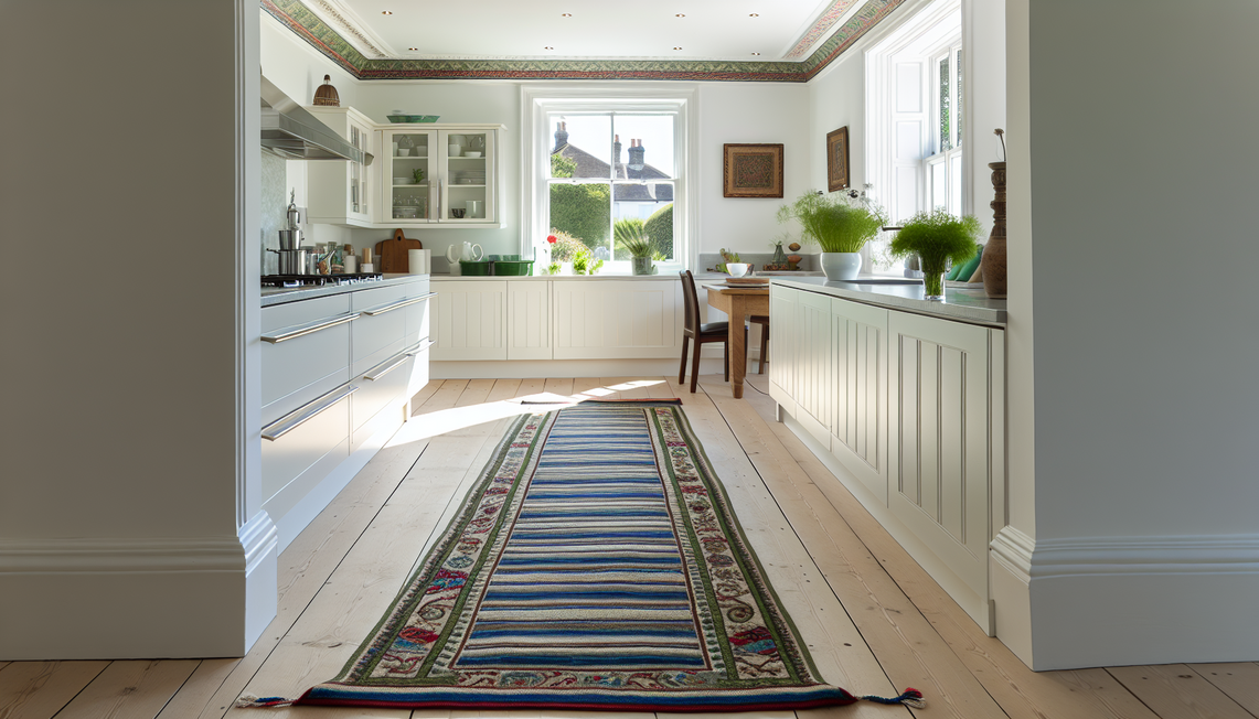 bright modern uk kitchen with vibrant clean kitchen runner rug and sunlight