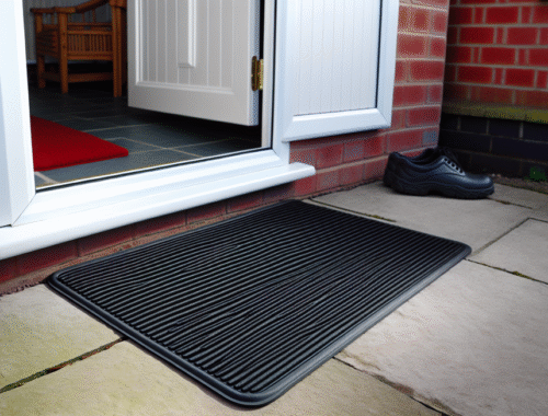Clean rubber back entrance mat at a UK home doorway.