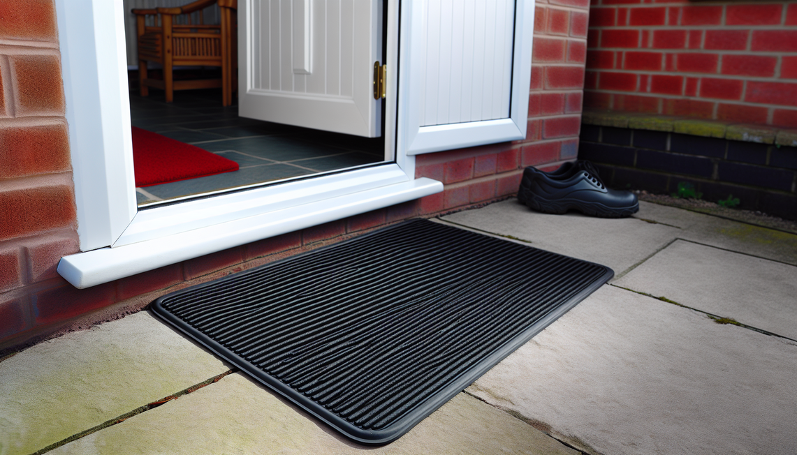 Clean rubber back entrance mat at a UK home doorway.