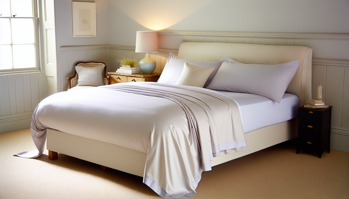 Luxurious bed with deep mattress and fitted sheets in a bright cozy bedroom