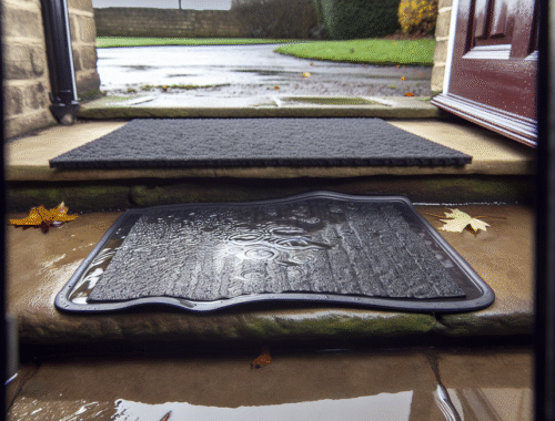 Side-by-side realistic photo of rubber and PVC door mats in wet, frosty UK weather