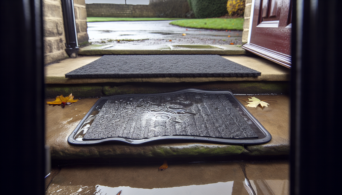 Side-by-side realistic photo of rubber and PVC door mats in wet, frosty UK weather