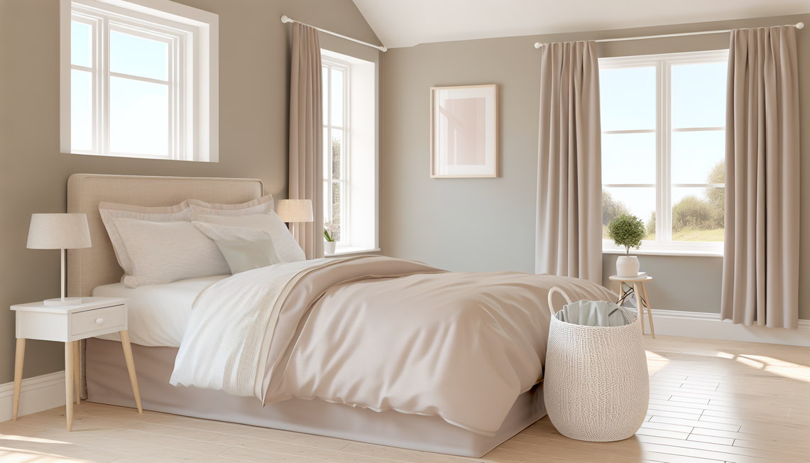 A bright, modern UK bedroom with a neatly made bed featuring a stylish fitted valance sheet. A white laundry basket with a folded valance sheet is placed beside the bed, conveying cleanliness and care.