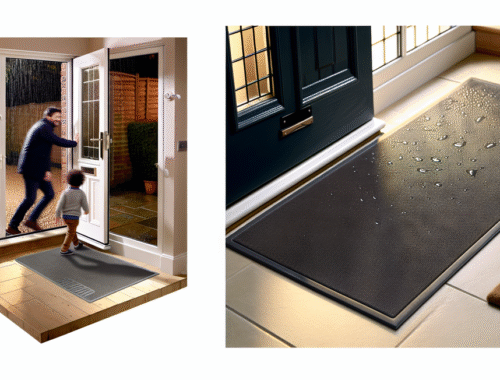 a family member stepping onto a rubber back entrance mat in a wet uk home entryway