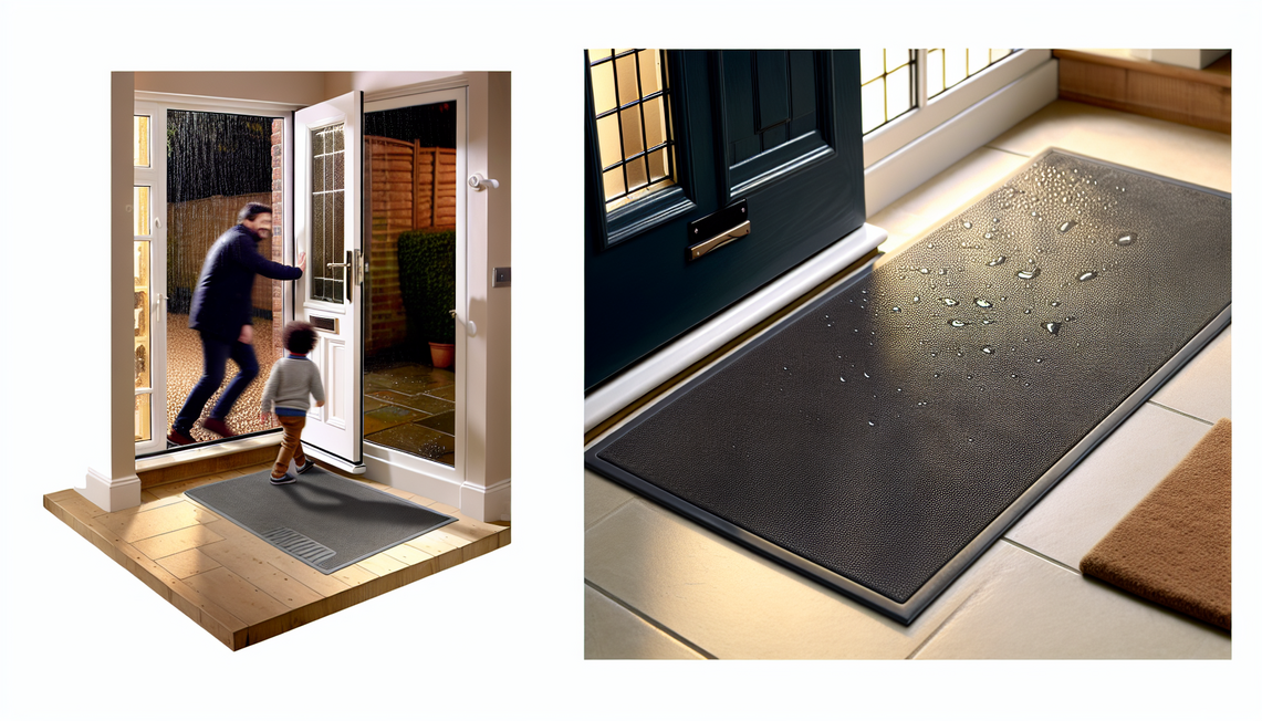 a family member stepping onto a rubber back entrance mat in a wet uk home entryway