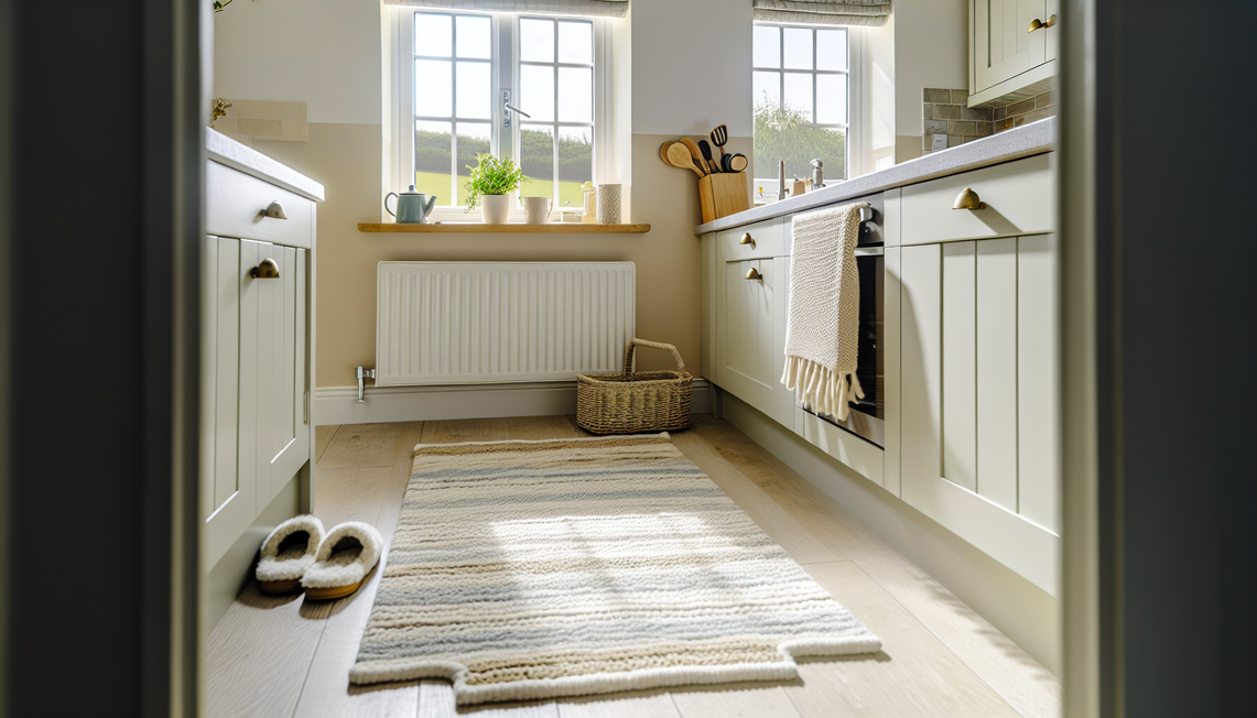 A cozy UK kitchen with a stylish runner rug and warm natural lighting