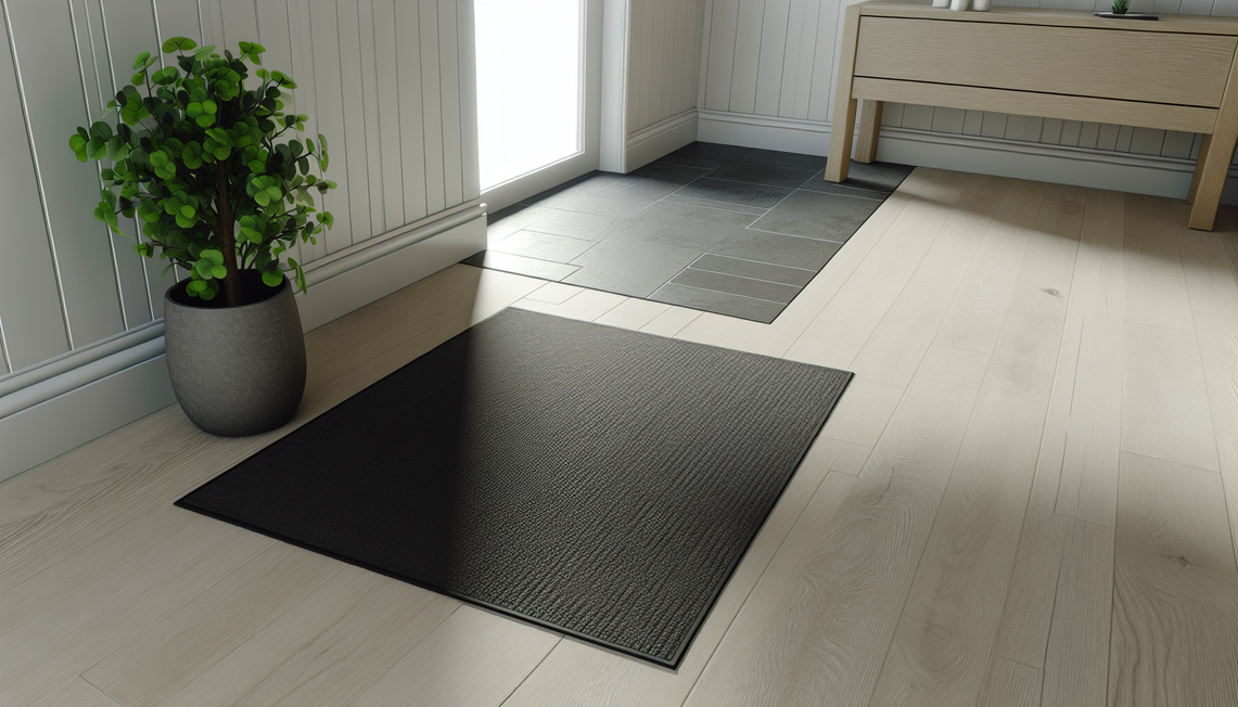 modern UK home entryway with eco-friendly textured rubber mat and potted plant