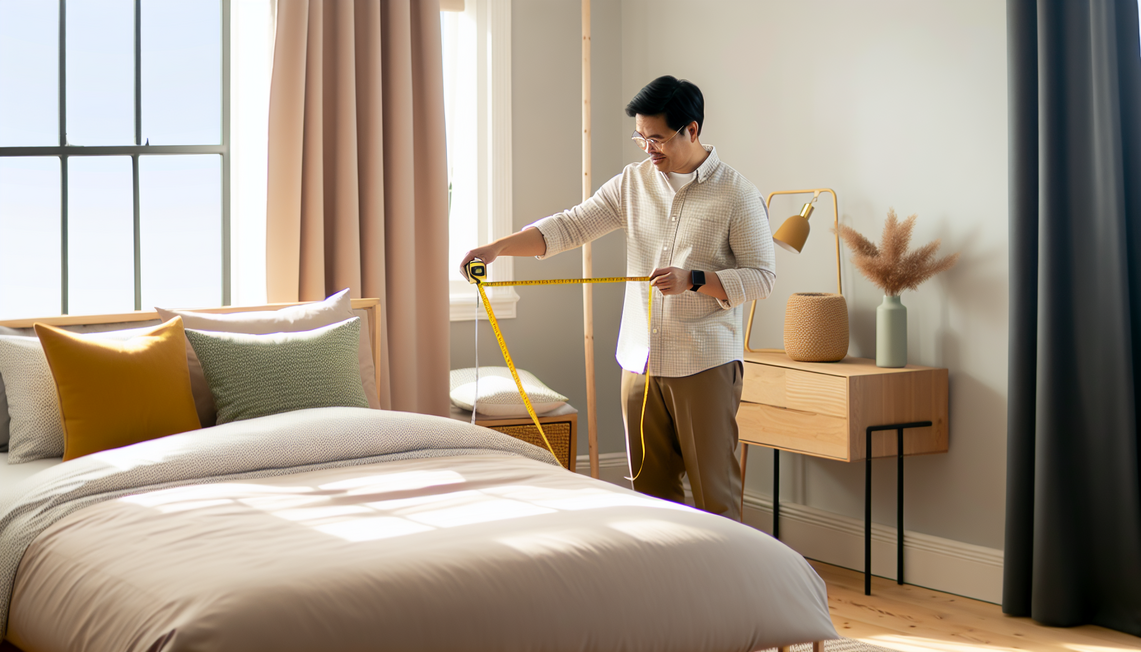 Person measuring an extra deep mattress with a tape measure in a cozy UK bedroom.