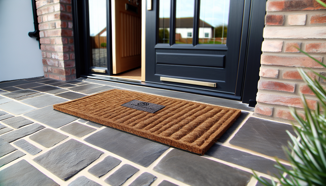 custom coir doormat with visible logo at modern uk home entrance, bright natural light