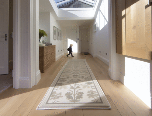 modern UK hallway with non skid runner rug and child or pet playing safely