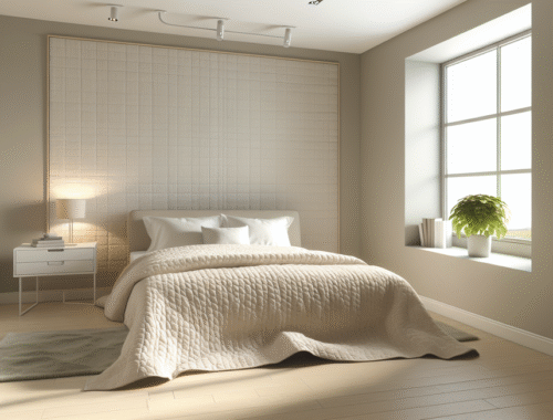 Serene bedroom with neat bed and light hypoallergenic quilt bedspread in sunlight
