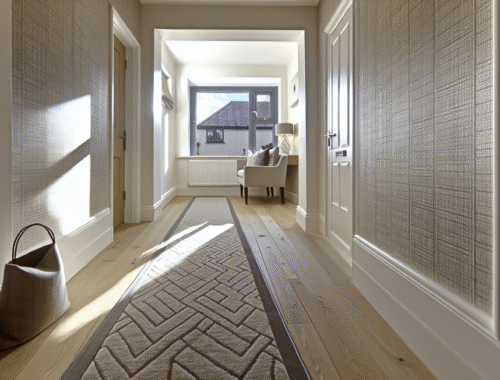 modern uk hallway with elegant non-slip carpet runner showing subtle pattern and backing