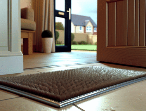 A clean and well-maintained barrier mat at the entrance of a modern UK home, with a focus on its fibres and texture, showing a subtle gleam. The setting should imply cleanliness and protection, possibly with natural light. The image should be warm and inviting, suitable for a home decor blog.