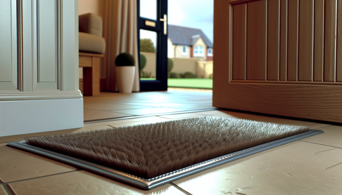 A clean and well-maintained barrier mat at the entrance of a modern UK home, with a focus on its fibres and texture, showing a subtle gleam. The setting should imply cleanliness and protection, possibly with natural light. The image should be warm and inviting, suitable for a home decor blog.