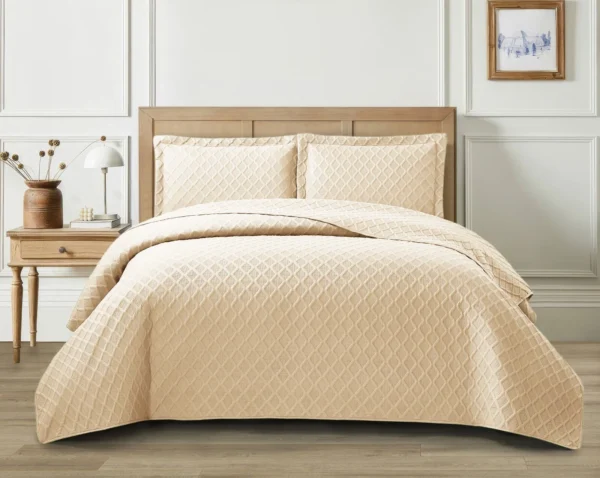 3Piece Bedspread Bed Throw Bedding Set Single Double King Quilted Throw & Shams beige