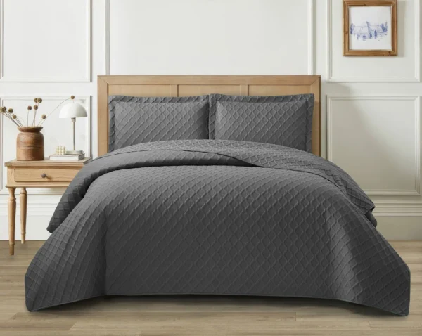 3Piece Bedspread Bed Throw Bedding Set Single Double King Quilted Throw & Shams grey