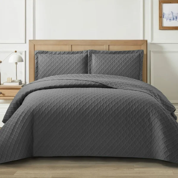 3Piece Bedspread Bed Throw Bedding Set Single Double King Quilted Throw & Shams grey
