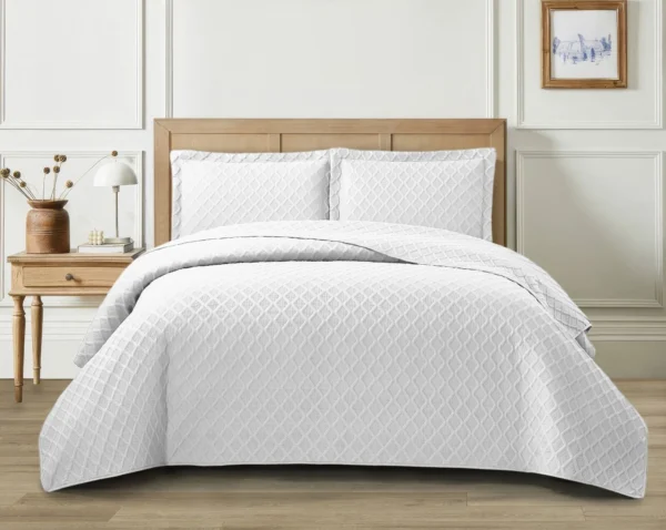 3Piece Bedspread Bed Throw Bedding Set Single Double King Quilted Throw & Shams white