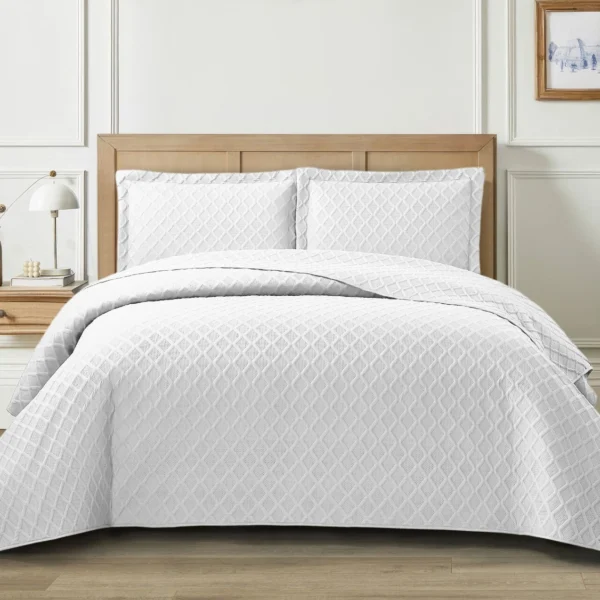 3Piece Bedspread Bed Throw Bedding Set Single Double King Quilted Throw & Shams white